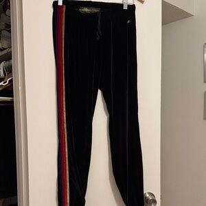 Aviator nation size large Black velour Joggers with Rainbow Stripe